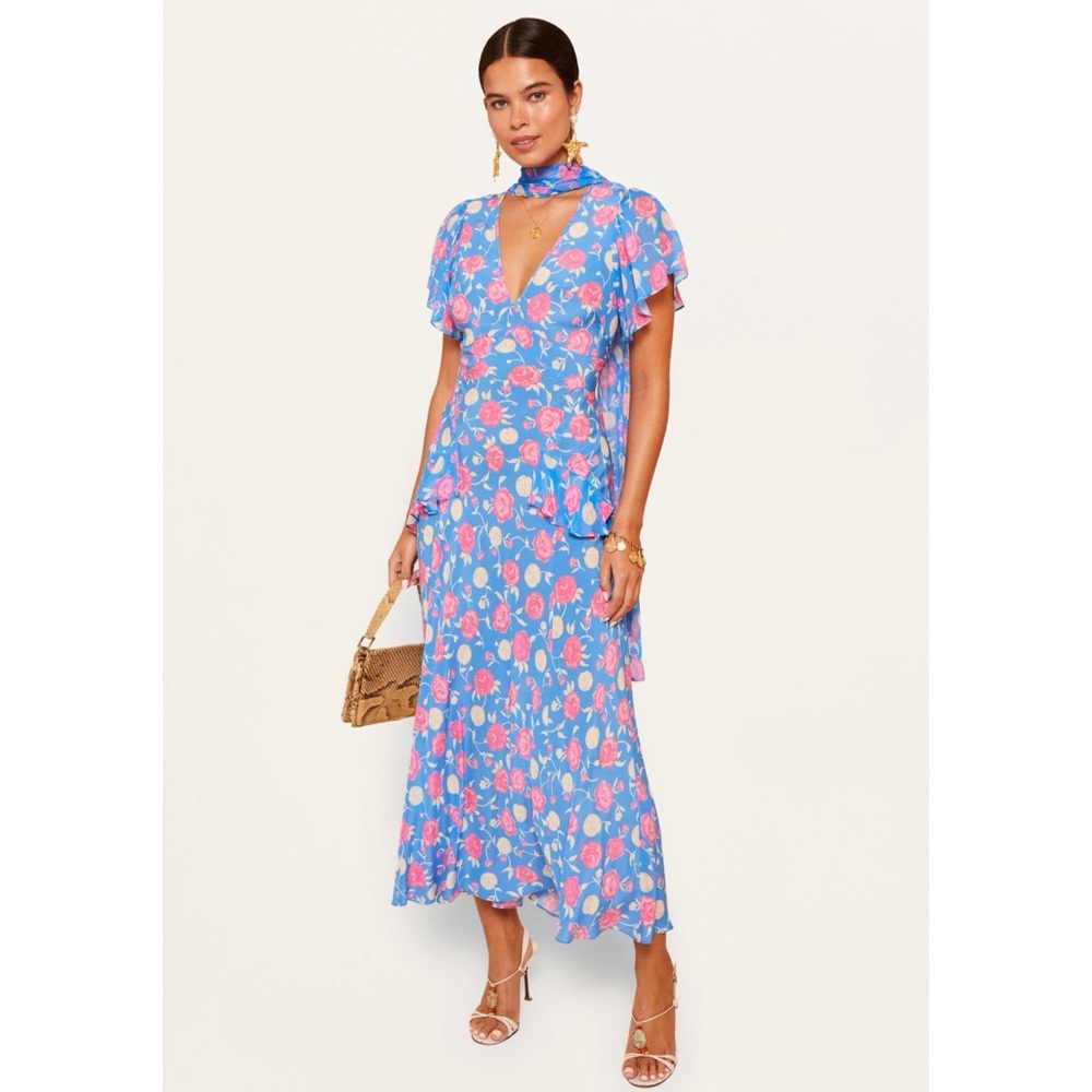 Rixo Evie Silk Floral Midi Dress Anthropologie Rose Shell Blue